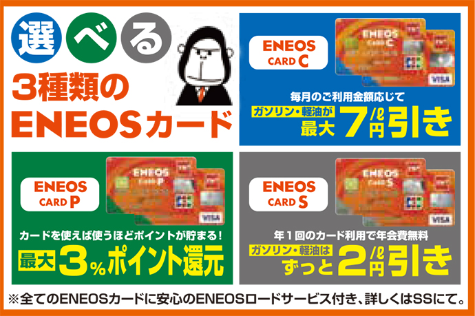 選べる3種類のエネオスカードがご利用できます。